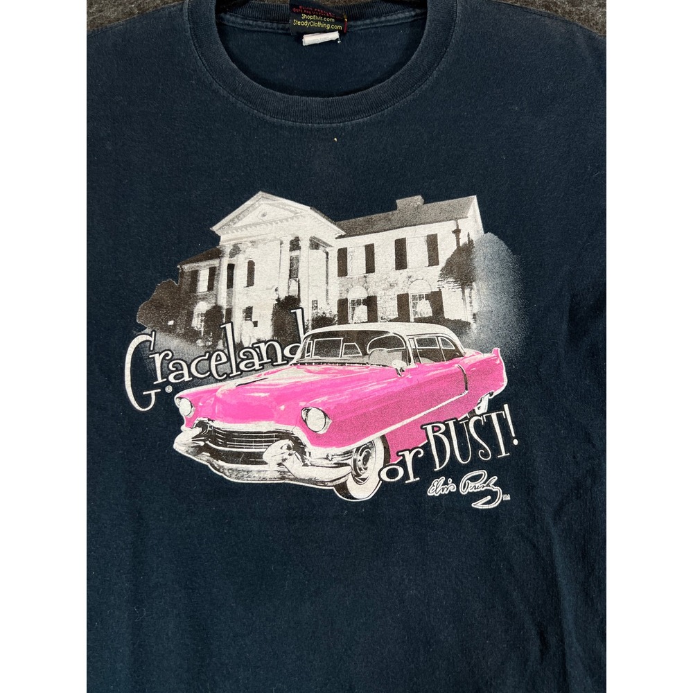 Vintage 90s Elvis Presley Graceland or Bust Pink Cadillac T-Shirt Mens S Black